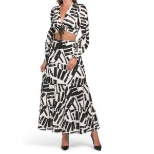House of Harlow Printed Skirt and Top Set Geometric Pattern Black White Size L